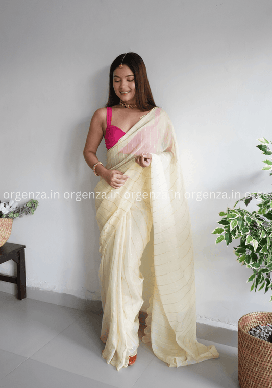 Light Yellow Lining Organza Saree - Orgenza Store