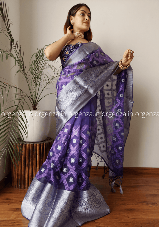 Kora Navy Blue Organza Silk Saree With Elephant Zari Border - Orgenza Store