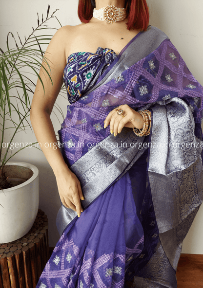 Kora Navy Blue Organza Silk Saree With Elephant Zari Border - Orgenza Store