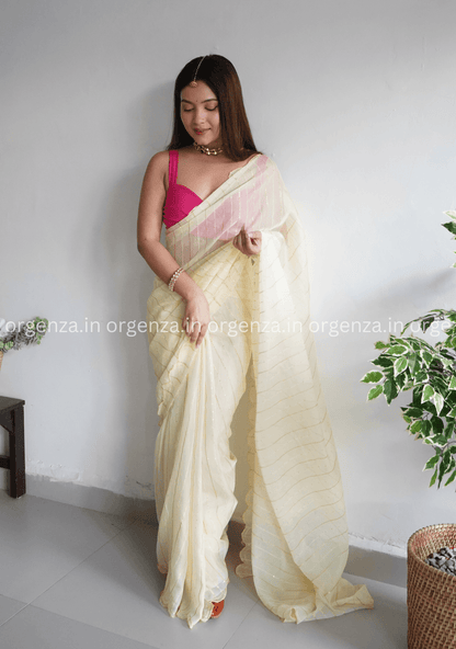 Light Yellow Lining Organza Saree - Orgenza Store