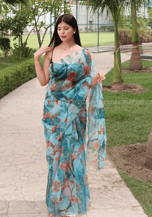 Soft Organza Multi Aqua Colour With Readymade Blouse - Orgenza Store