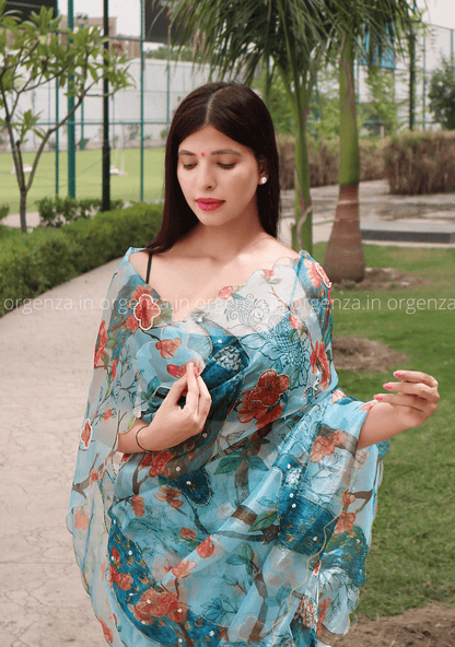 Soft Organza Multi Aqua Colour With Readymade Blouse - Orgenza Store