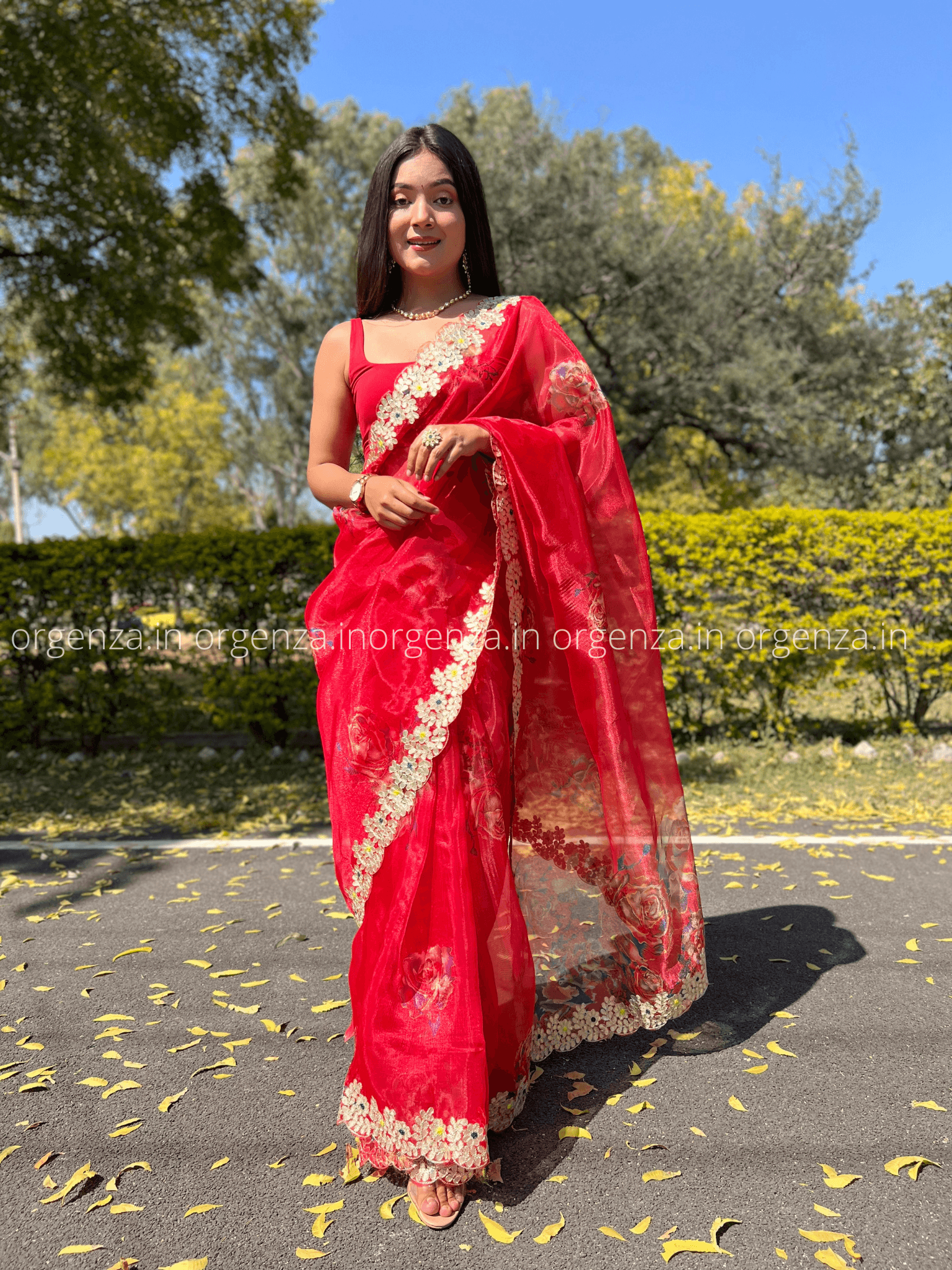 Red Organza With Gota Patti Border - Orgenza Store