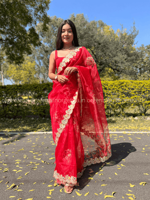 Red Organza With Gota Patti Border - Orgenza Store